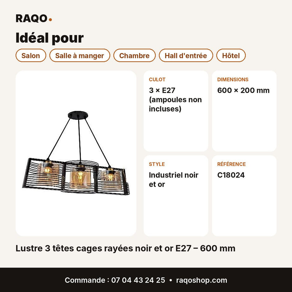Lustre 3 têtes cages rayées noir et or E27 – 600 mm - RAQO