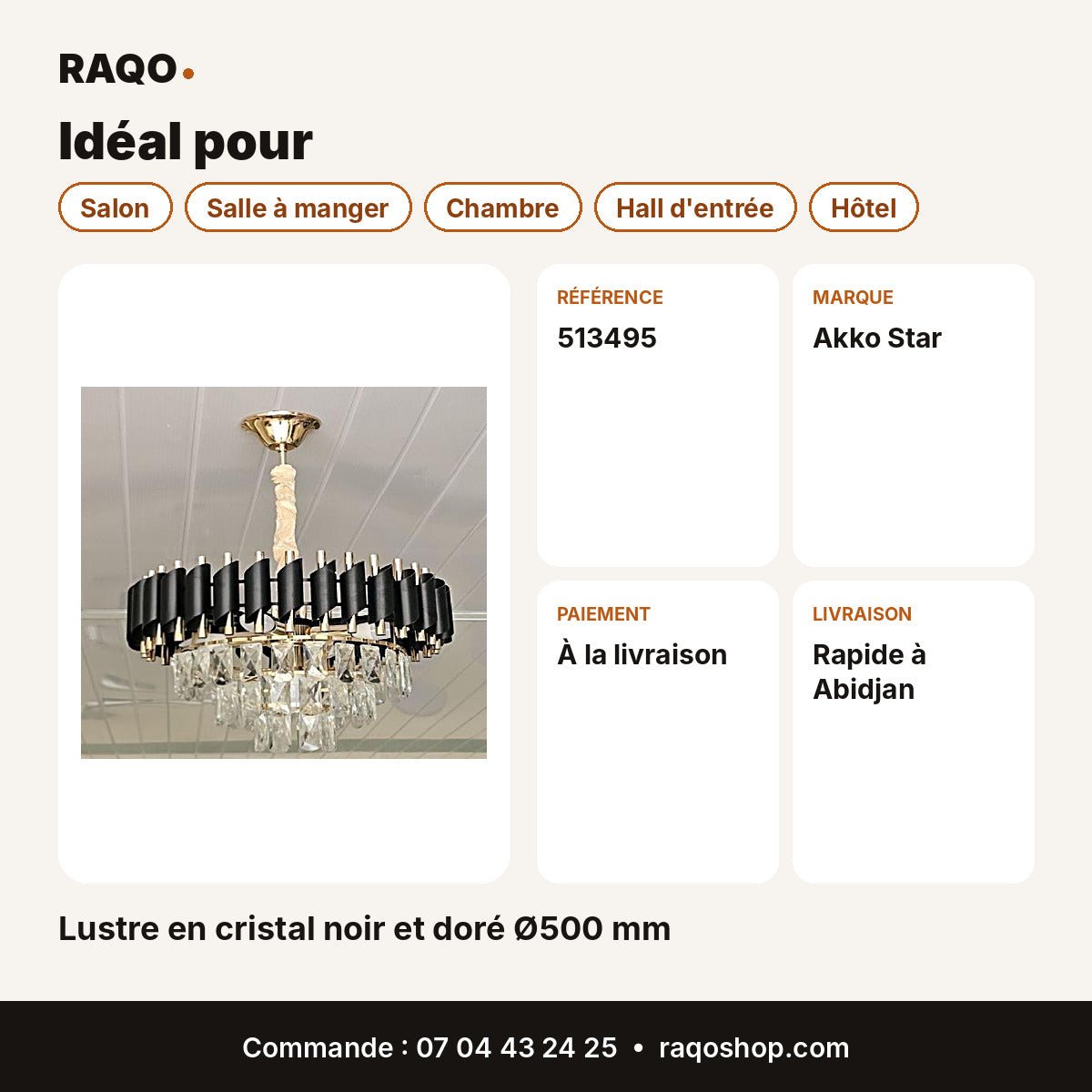 Lustre en cristal noir et doré Ø500 mm | Akko Star - RAQO