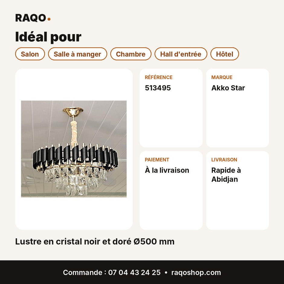 Lustre en cristal noir et doré Ø500 mm | Akko Star - RAQO