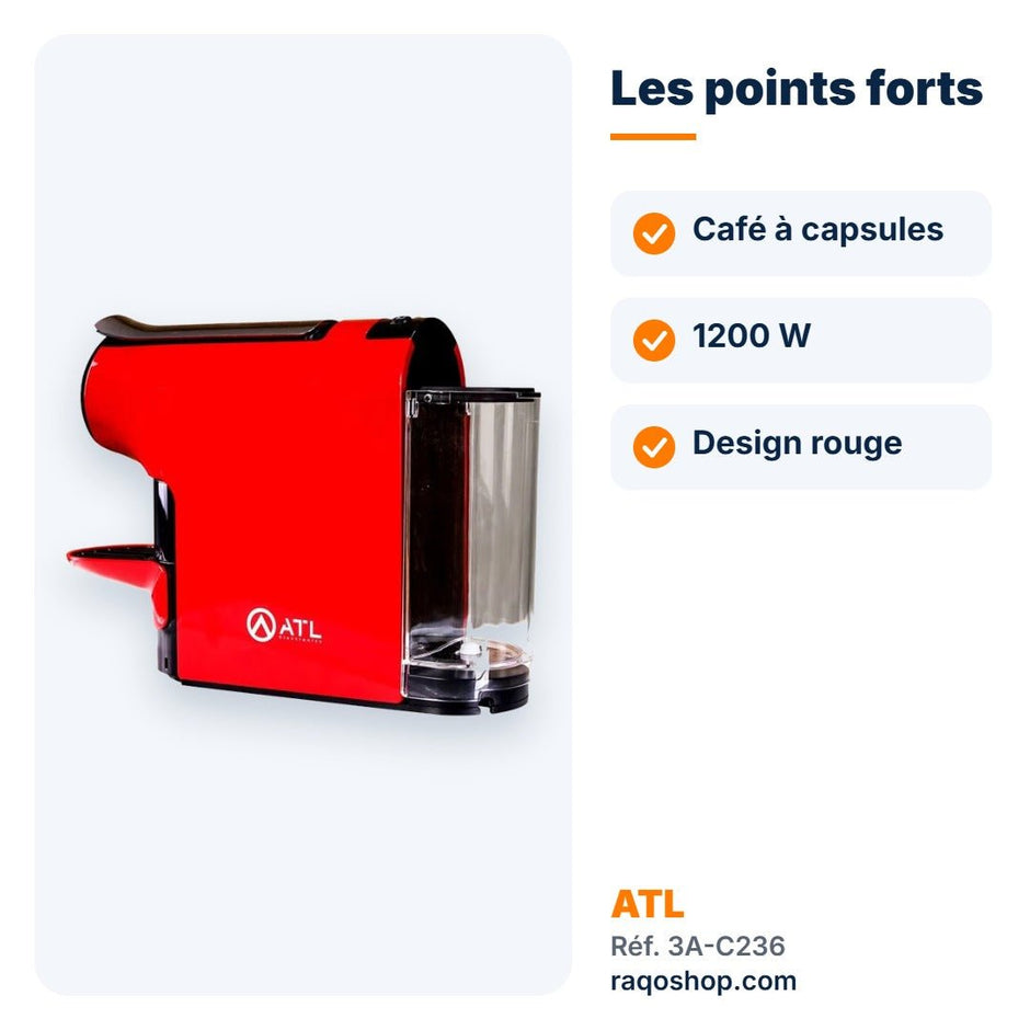 Machine à café à capsules ATL 1200W rouge – 3A-C236 - RAQO