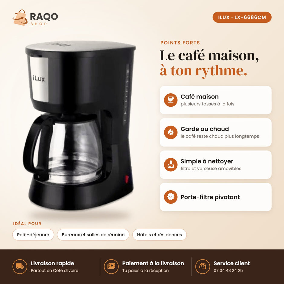Machine à Café iLUX – 1000 W – 1,5 L - RAQO (points forts)