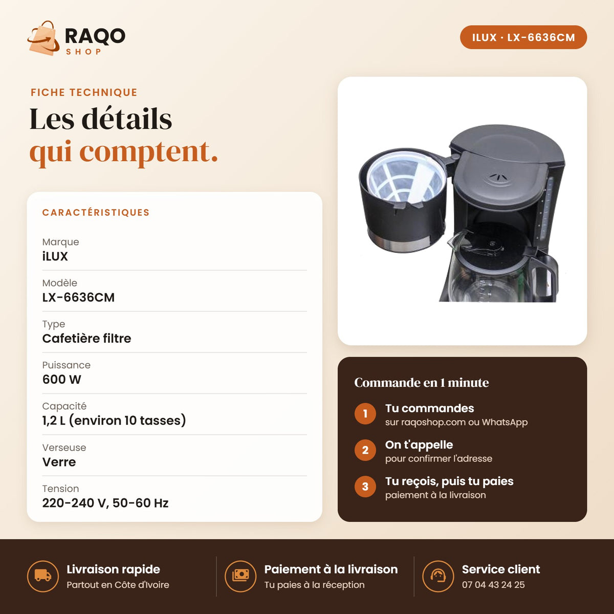 Machine à Café iLUX – 600 W – 1,2 L - RAQO (fiche technique)