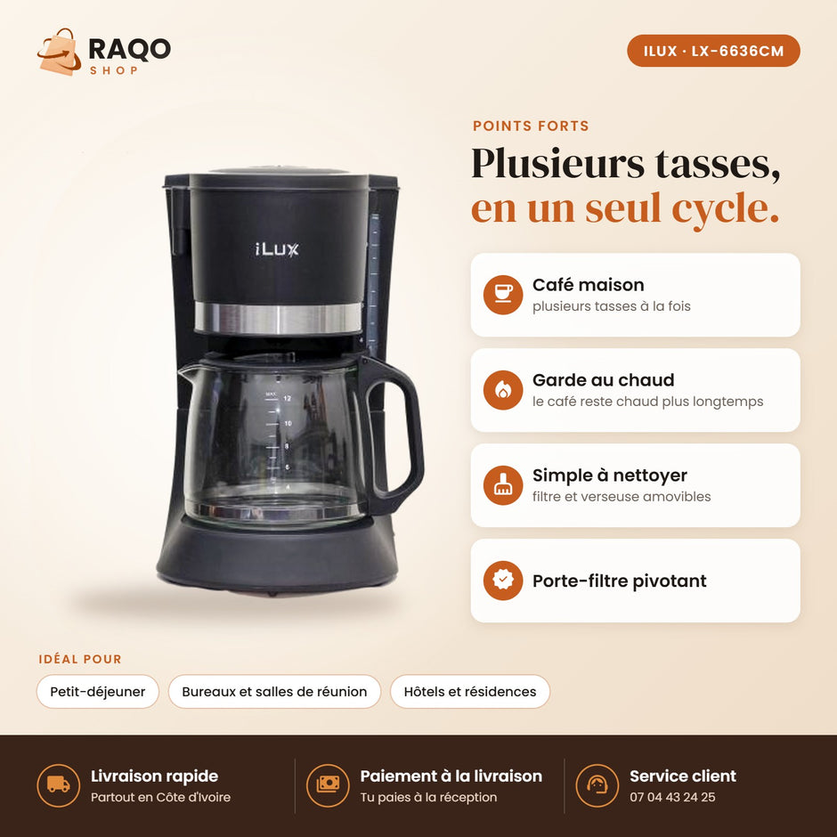 Machine à Café iLUX – 600 W – 1,2 L - RAQO (points forts)