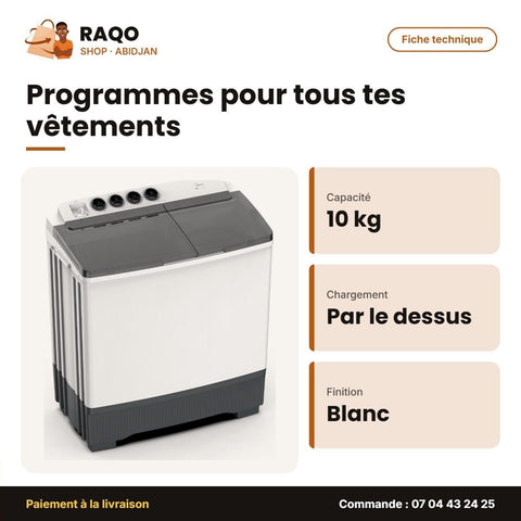 Machine à Laver 10kg Midea – Top Load – Twin Tub – Blanc | MT100W100/WG - RAQO