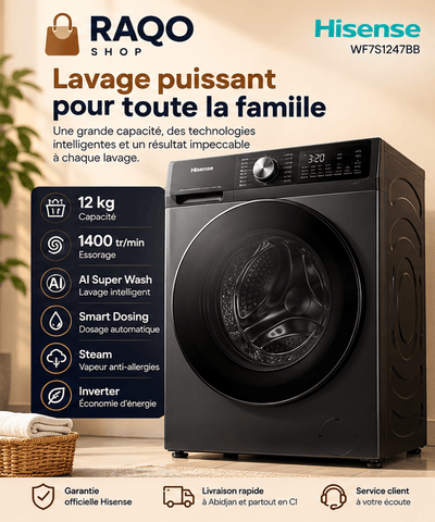 Machine à Laver 12kg Hisense – Front Load – Premium Black – AI Super Wash | WF7S1247BB