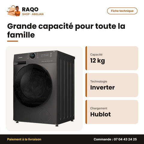 Machine à Laver 12kg Midea Front Load – Inverter Quatro – Healthguard | MF200W120WB/T - RAQO