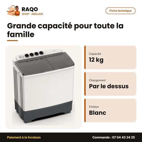 Machine à Laver 12kg Midea – Top Load – Twin Tub – Blanc | MT100W120/WG - RAQO