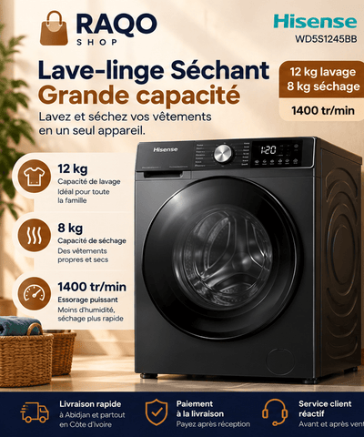 Machine à Laver 12KG+SECHAGE 8kg Hisense – Front Load – Premium Black – Clas. A | WD5S1245BB