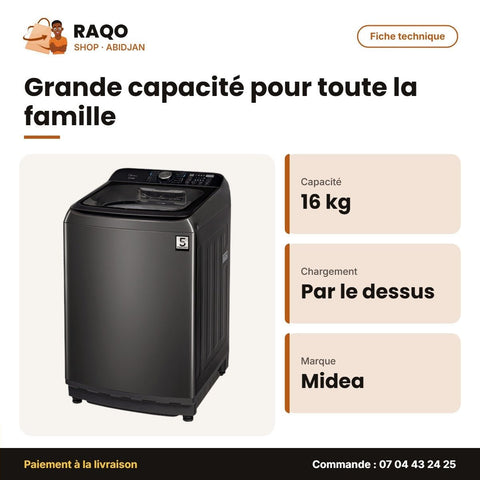 Machine à Laver 16kg Midea – Top Load – Automatique – Super Éco | MA512W160/T - RAQO