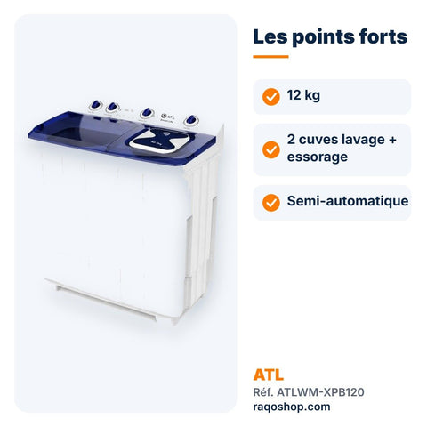 Machine à laver 2 cuves ATL 12kg semi-automatique – ATLWM-XPB120 - RAQO