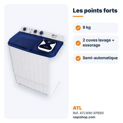 Machine à laver 2 cuves ATL 9kg semi-automatique – ATLWM-XPB90 - RAQO