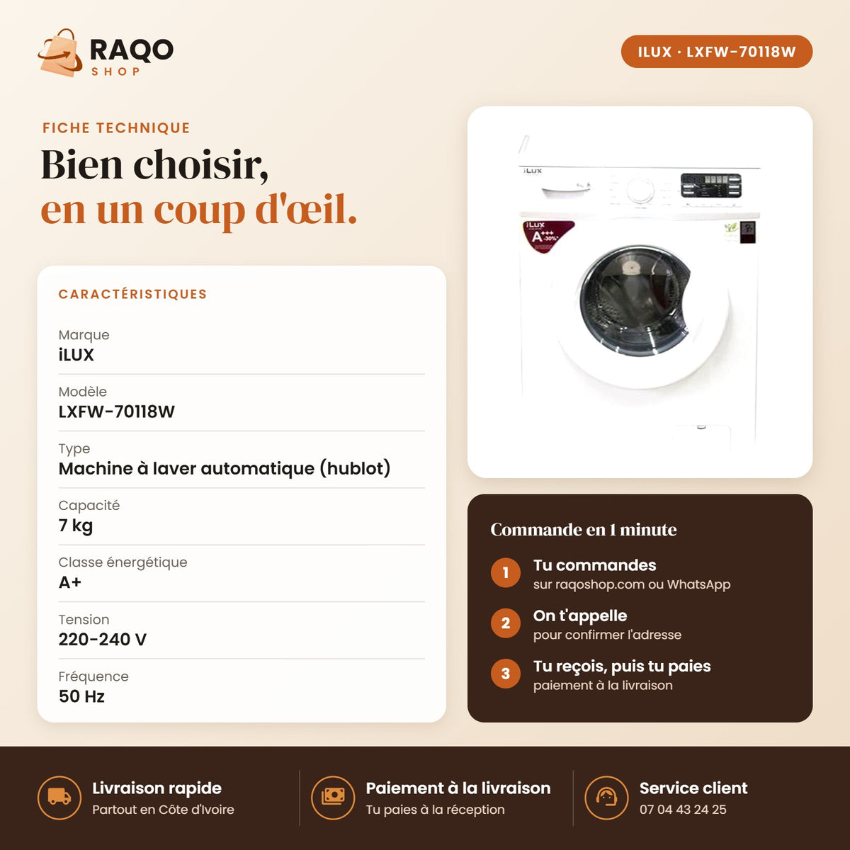 Machine à Laver Automatique iLUX – 7 kg – Blanc - RAQO (fiche technique)