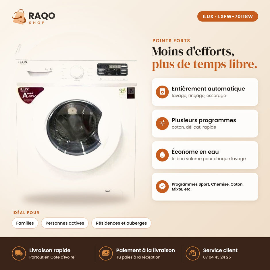 Machine à Laver Automatique iLUX – 7 kg – Blanc - RAQO (points forts)