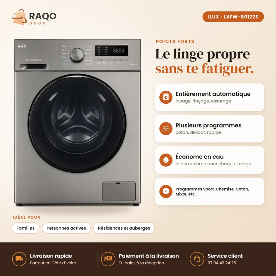 Machine à Laver Automatique iLUX – 8 kg – Inox - RAQO (points forts)