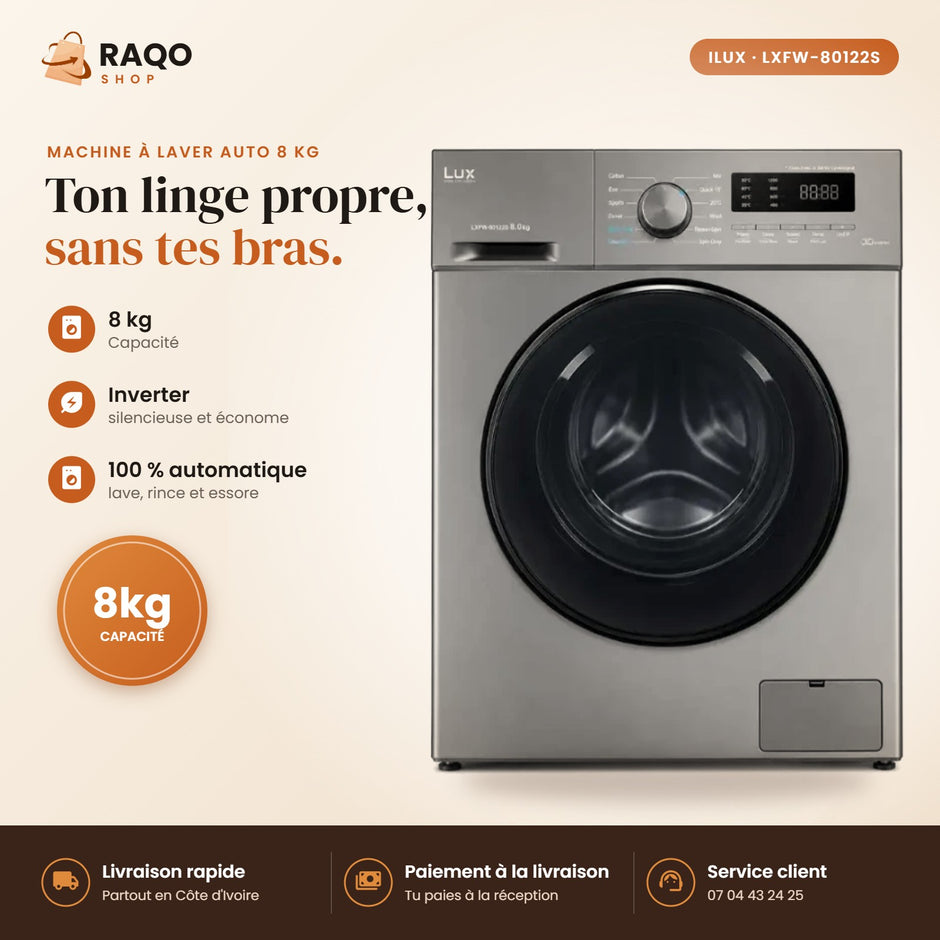 Machine à Laver Automatique iLUX – 8 kg – Inox - RAQO