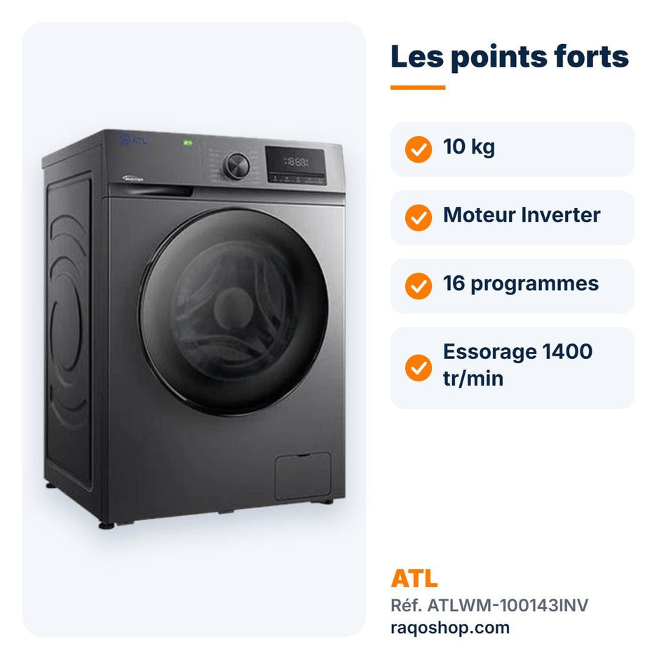 Machine à laver hublot ATL 10kg Inverter 1400 tr/min – ATLWM-100143INV - RAQO