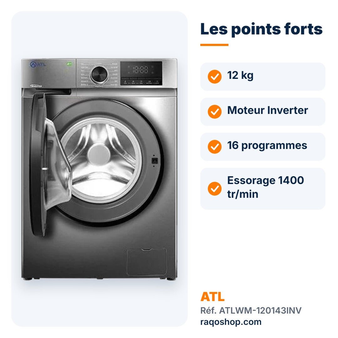 Machine à laver hublot ATL 12kg Inverter 1400 tr/min – ATLWM-120143INV - RAQO