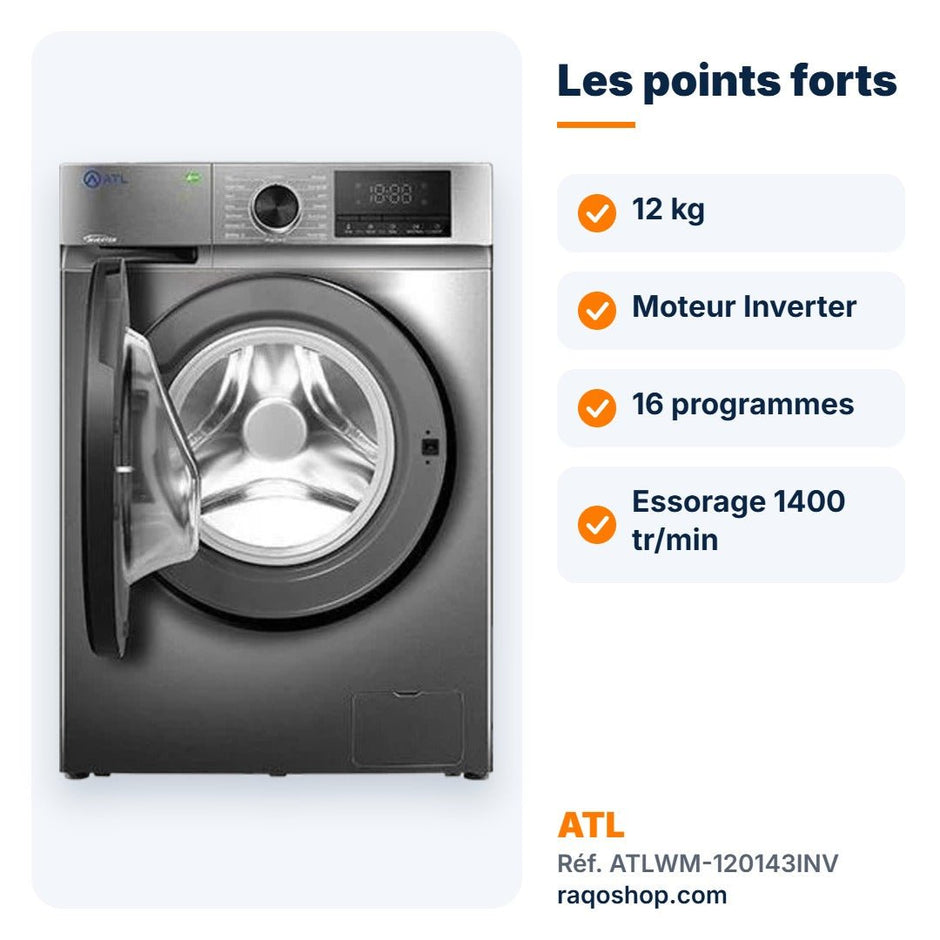 Machine à laver hublot ATL 12kg Inverter 1400 tr/min – ATLWM-120143INV - RAQO
