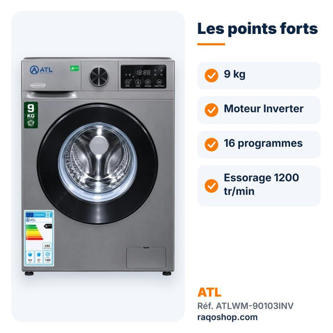 Machine à laver hublot ATL 9kg Inverter 1200 tr/min – ATLWM-90103INV - RAQO