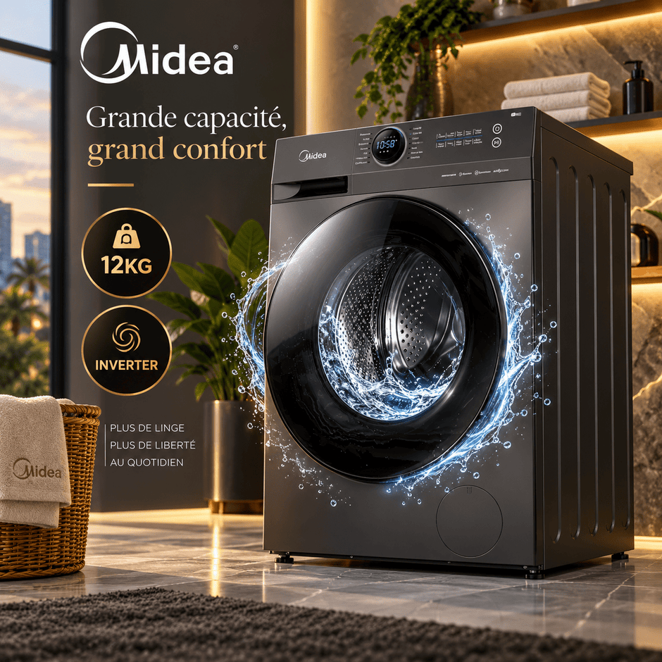 Machine à Laver Midea 12 kg Front Load Inverter – MF200W120WB/T - RAQO
