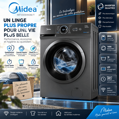 Machine à Laver Midea 8 kg Wi-Fi Inverter Quattro – MF100W80B/T - RAQO