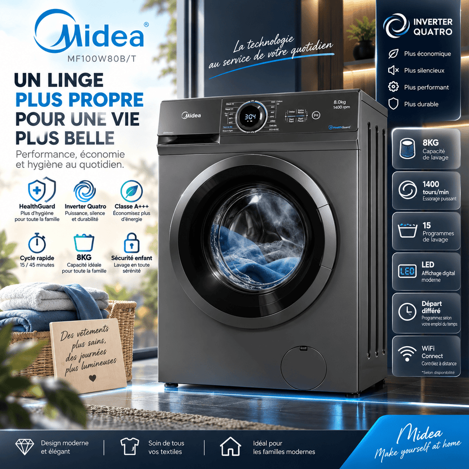 Machine à Laver Midea 8 kg Wi-Fi Inverter Quattro – MF100W80B/T - RAQO