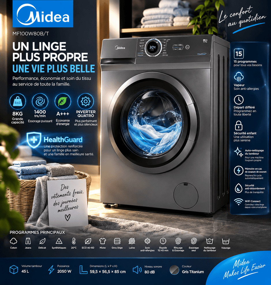 Machine à Laver Midea 8 kg Wi-Fi Inverter Quattro – MF100W80B/T - RAQO