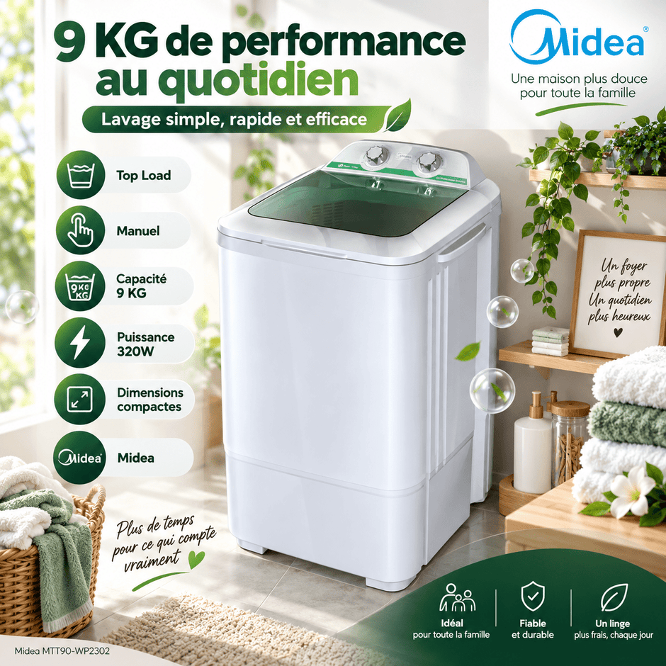 Machine à Laver Midea 9 kg Top Load Manuelle – MTT90-WP2302 - RAQO