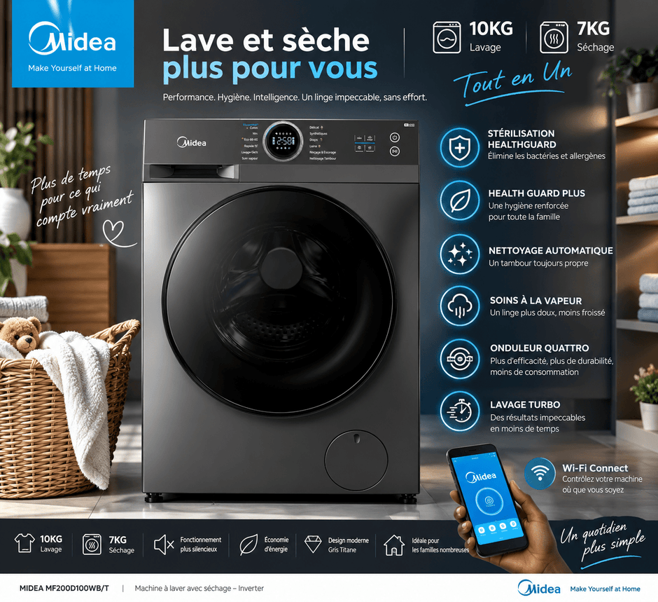 Machine à Laver Séchant Midea 10/7 kg Inverter – MF200D100WB/T - RAQO