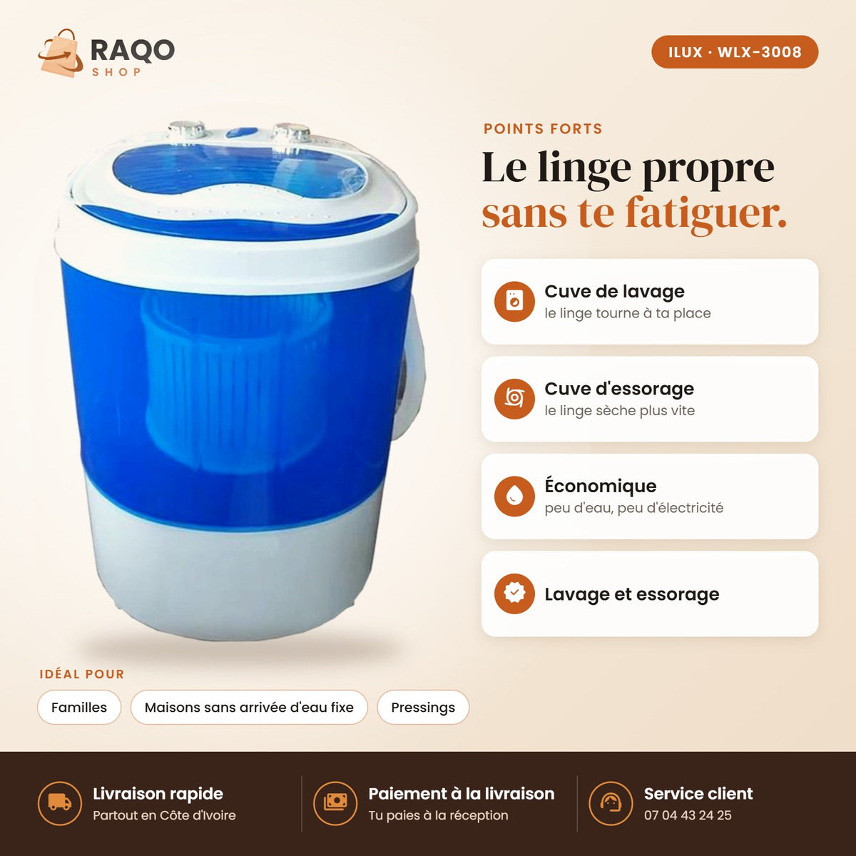 Machine à Laver Semi-Automatique iLUX – 3 kg - RAQO (points forts)