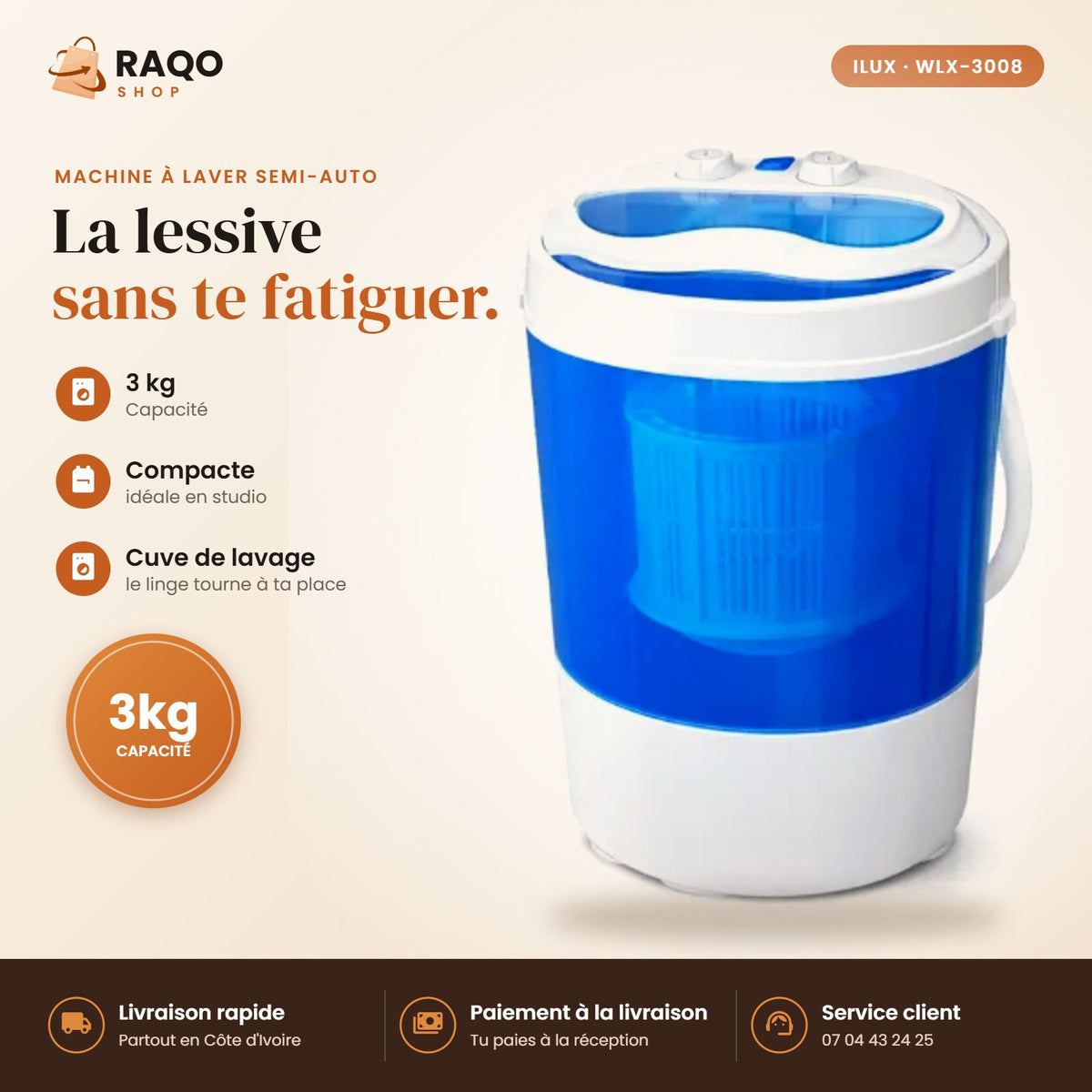 Machine à Laver Semi-Automatique iLUX – 3 kg - RAQO