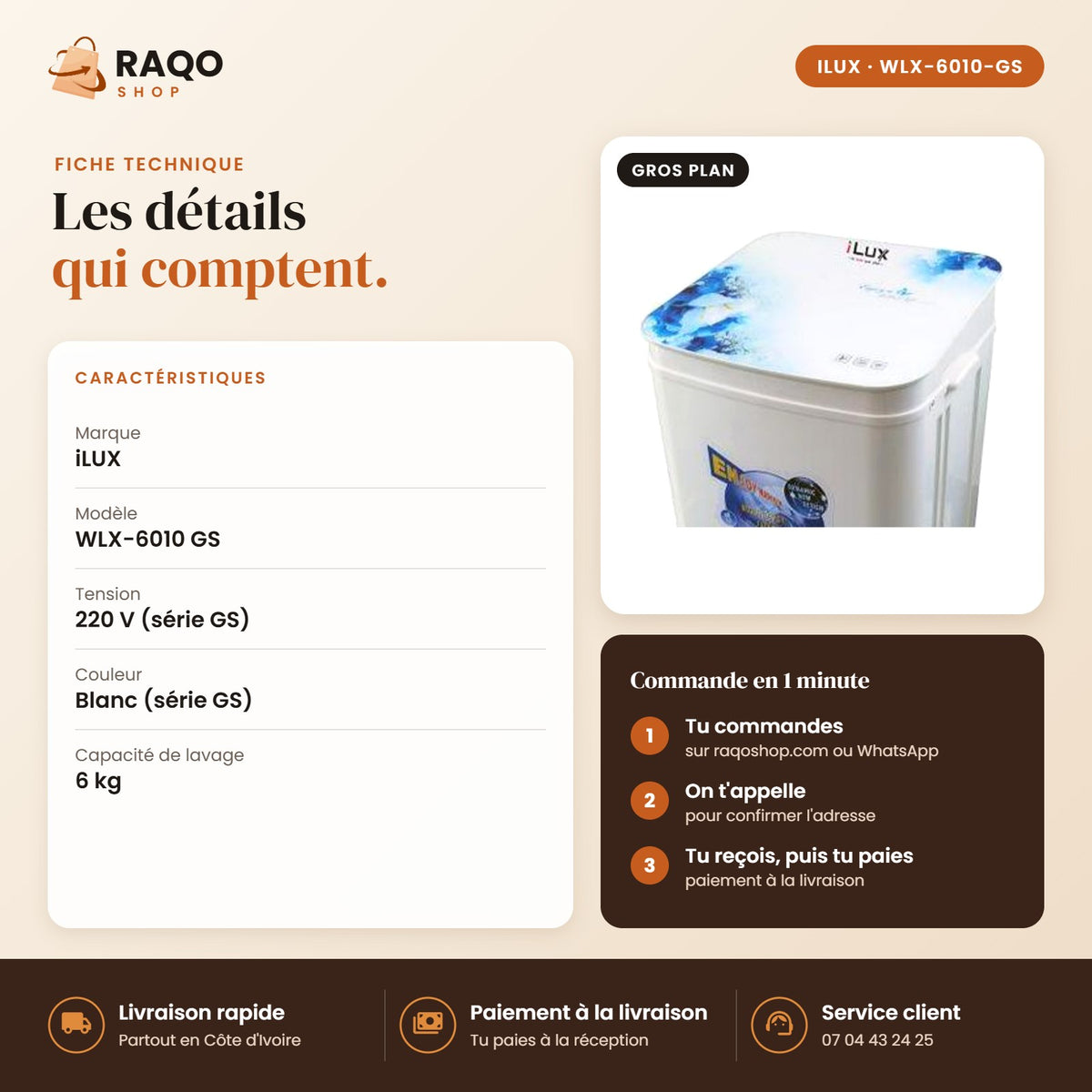Machine à Laver Semi-Automatique iLUX – 6 kg - RAQO (fiche technique)