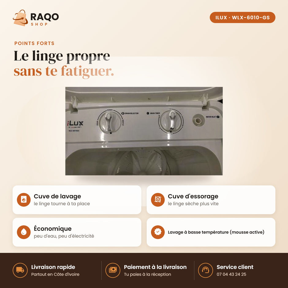 Machine à Laver Semi-Automatique iLUX – 6 kg - RAQO (points forts)