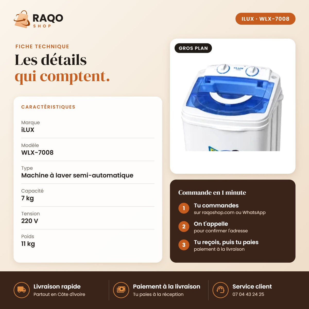Machine à Laver Semi-Automatique iLUX – 7 kg - RAQO (fiche technique)