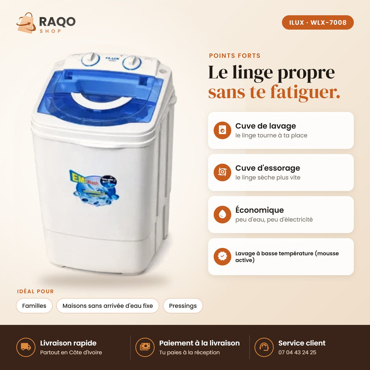 Machine à Laver Semi-Automatique iLUX – 7 kg - RAQO (points forts)