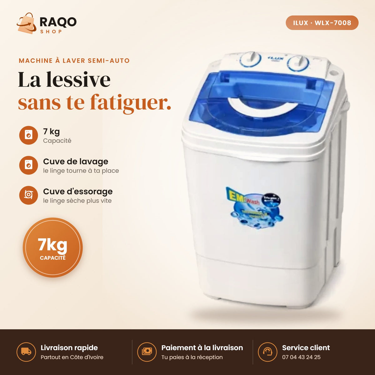 Machine à Laver Semi-Automatique iLUX – 7 kg - RAQO