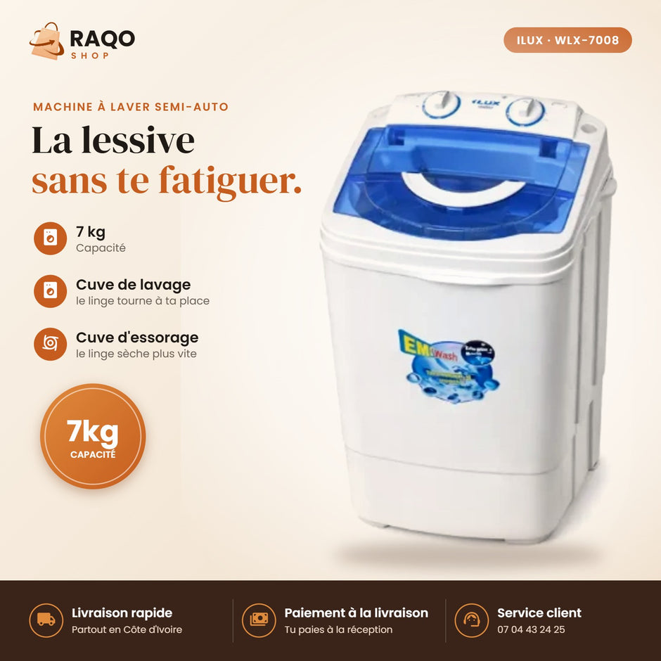 Machine à Laver Semi-Automatique iLUX – 7 kg - RAQO