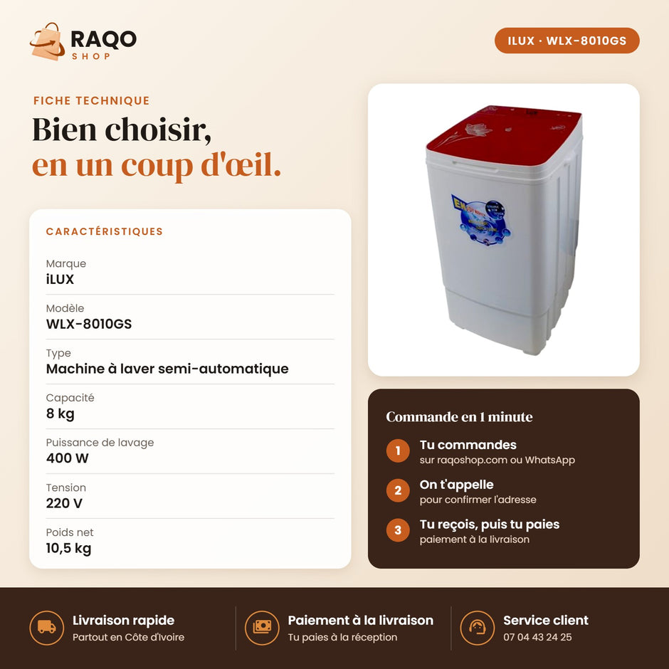 Machine à Laver Semi-Automatique iLUX – 8 kg - RAQO (fiche technique)