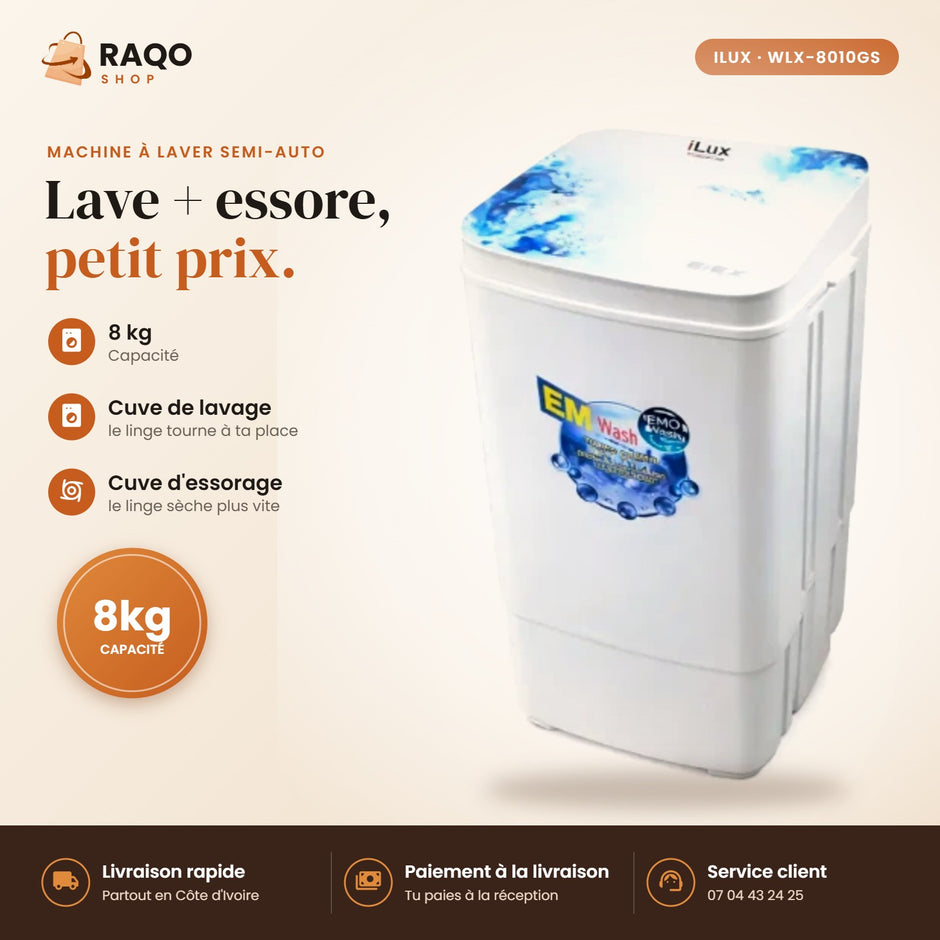 Machine à Laver Semi-Automatique iLUX – 8 kg - RAQO