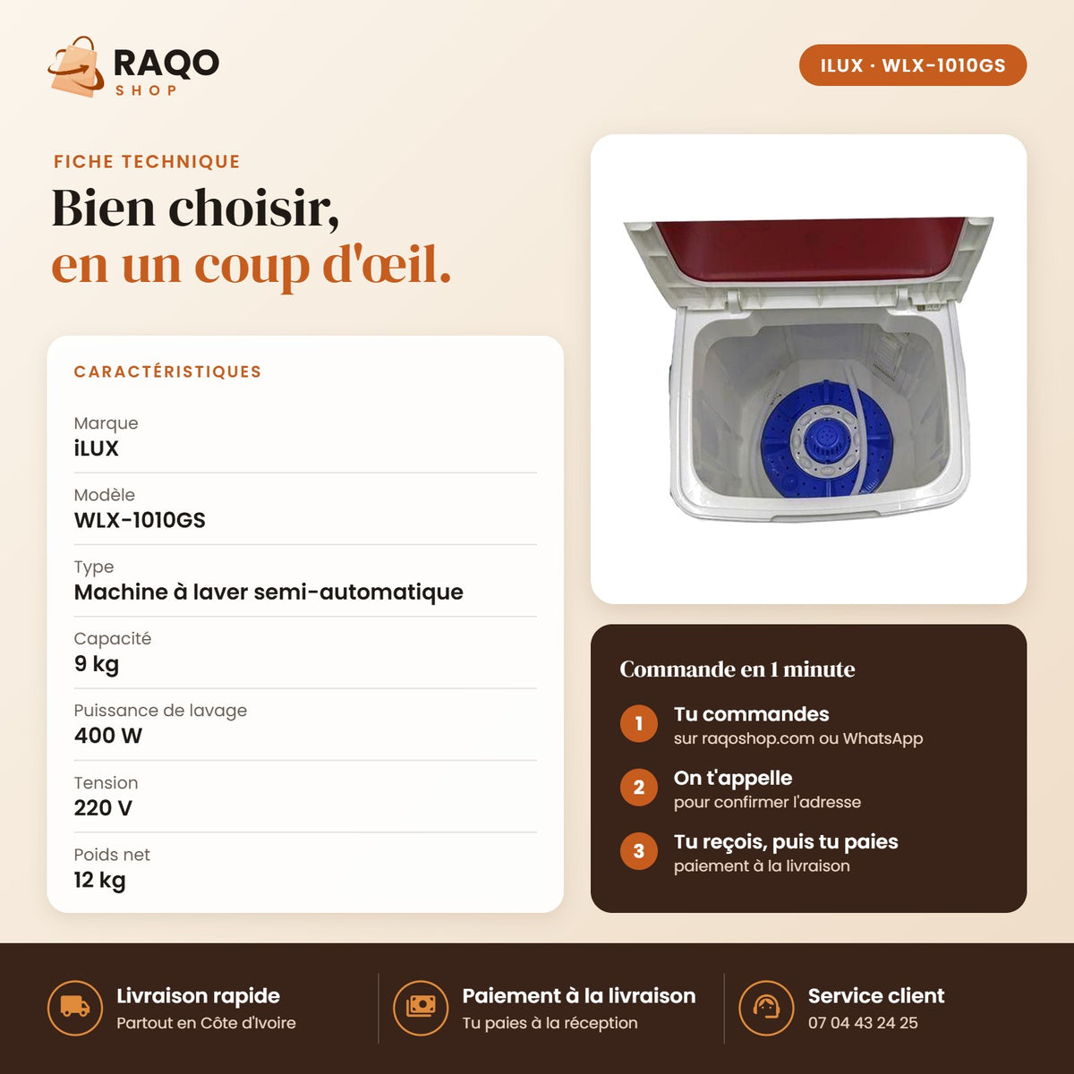 Machine à Laver Semi-Automatique iLUX – 9 kg - RAQO (fiche technique)