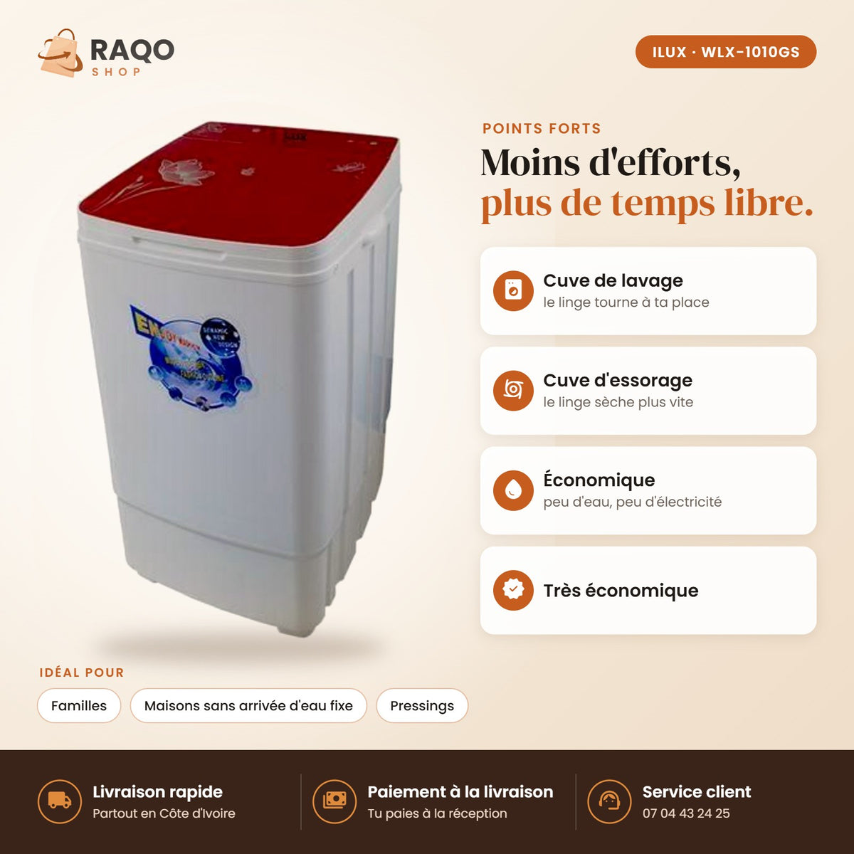 Machine à Laver Semi-Automatique iLUX – 9 kg - RAQO (points forts)