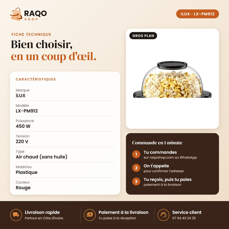 Machine à Popcorn iLUX – 450 W - RAQO (fiche technique)