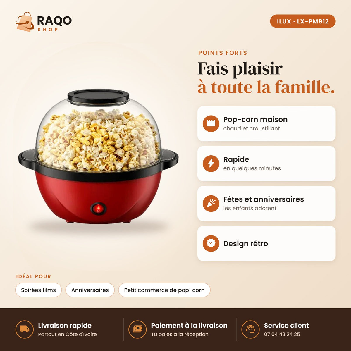 Machine à Popcorn iLUX – 450 W - RAQO (points forts)