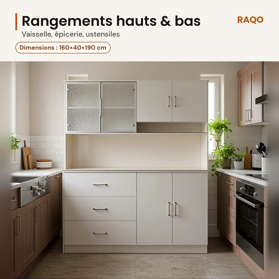 Vue de face du meuble de cuisine JS166-5 blanc sur un visuel indiquant le format 160×40×190 cm.