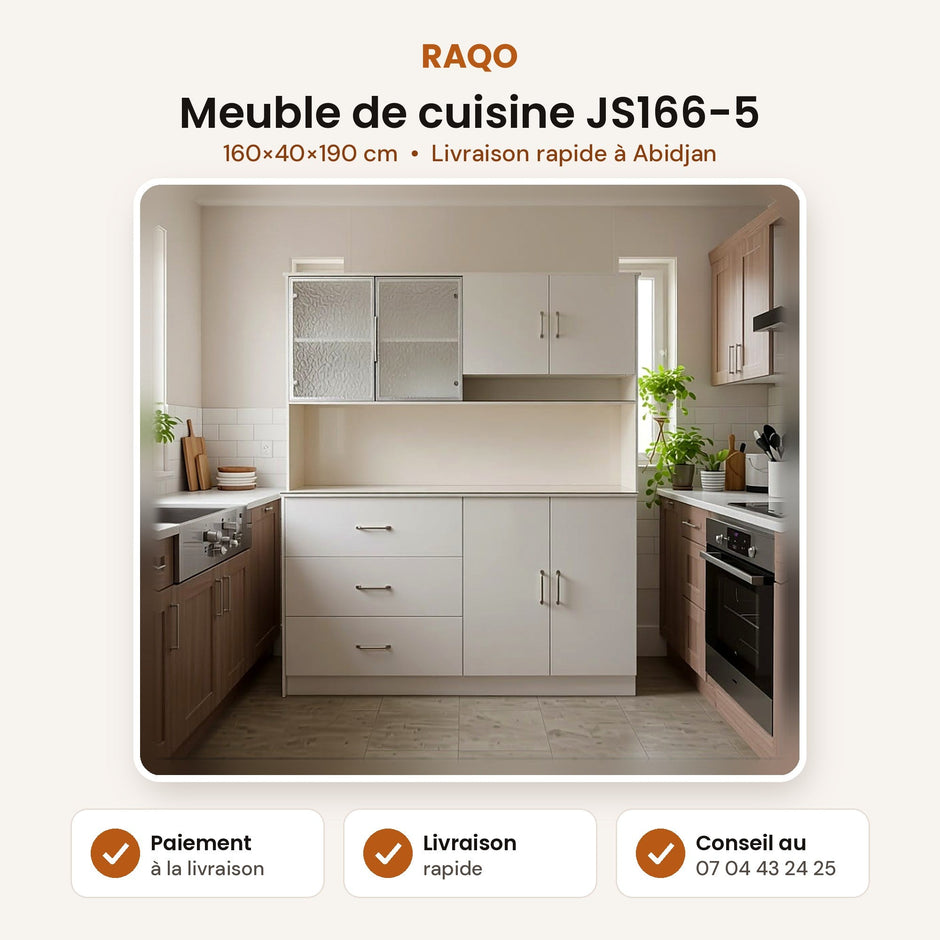 Visuel RAQO du meuble de cuisine JS166-5 blanc, avec ses dimensions et des informations commerciales.