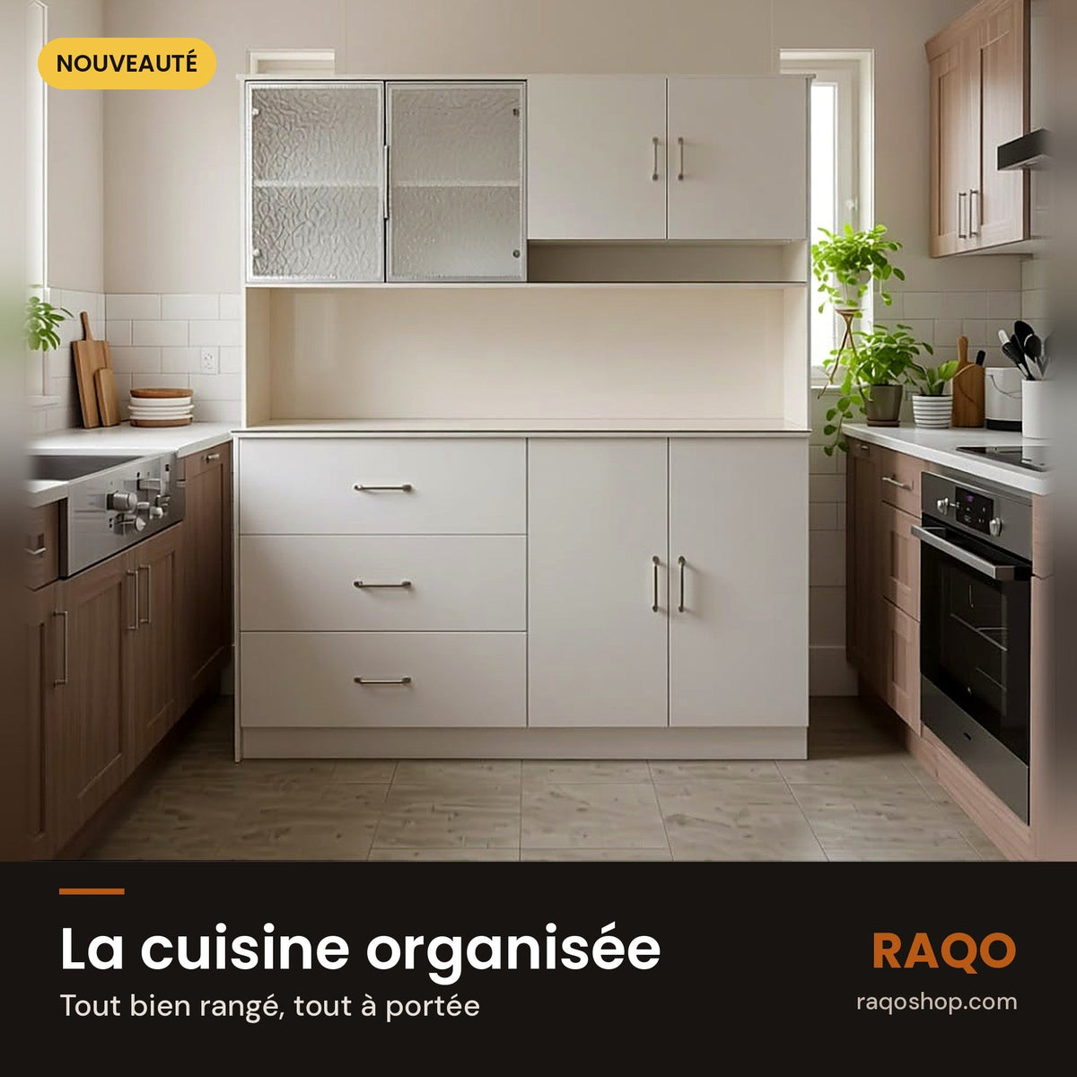 Meuble de cuisine JS166-5 blanc avec rangements hauts, trois tiroirs et portes basses, présenté dans une cuisine.