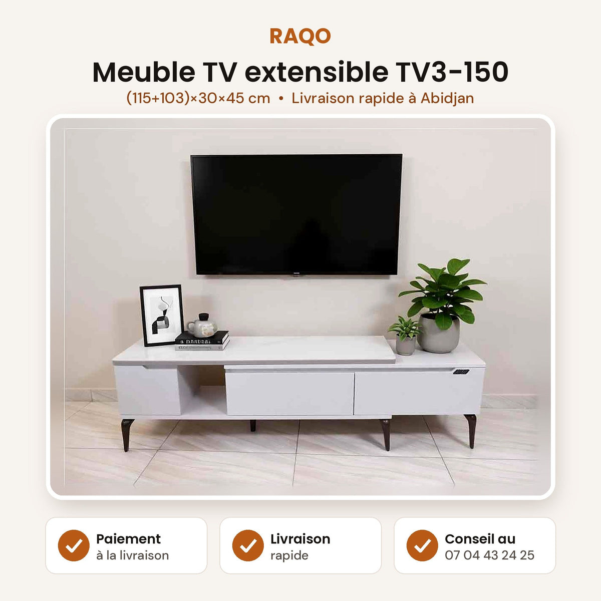 Meuble TV extensible TV3-150 pour salon - RAQO