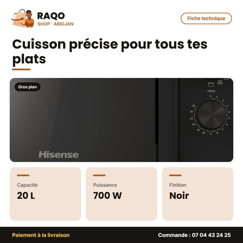 Micro-Onde Hisense – 20 L – 700W – Noir | H20MOBP1HG - RAQO