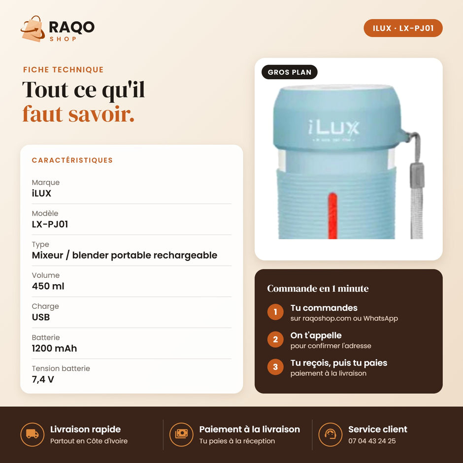 Mini Blender Portable iLUX – 450 ml - RAQO (fiche technique)