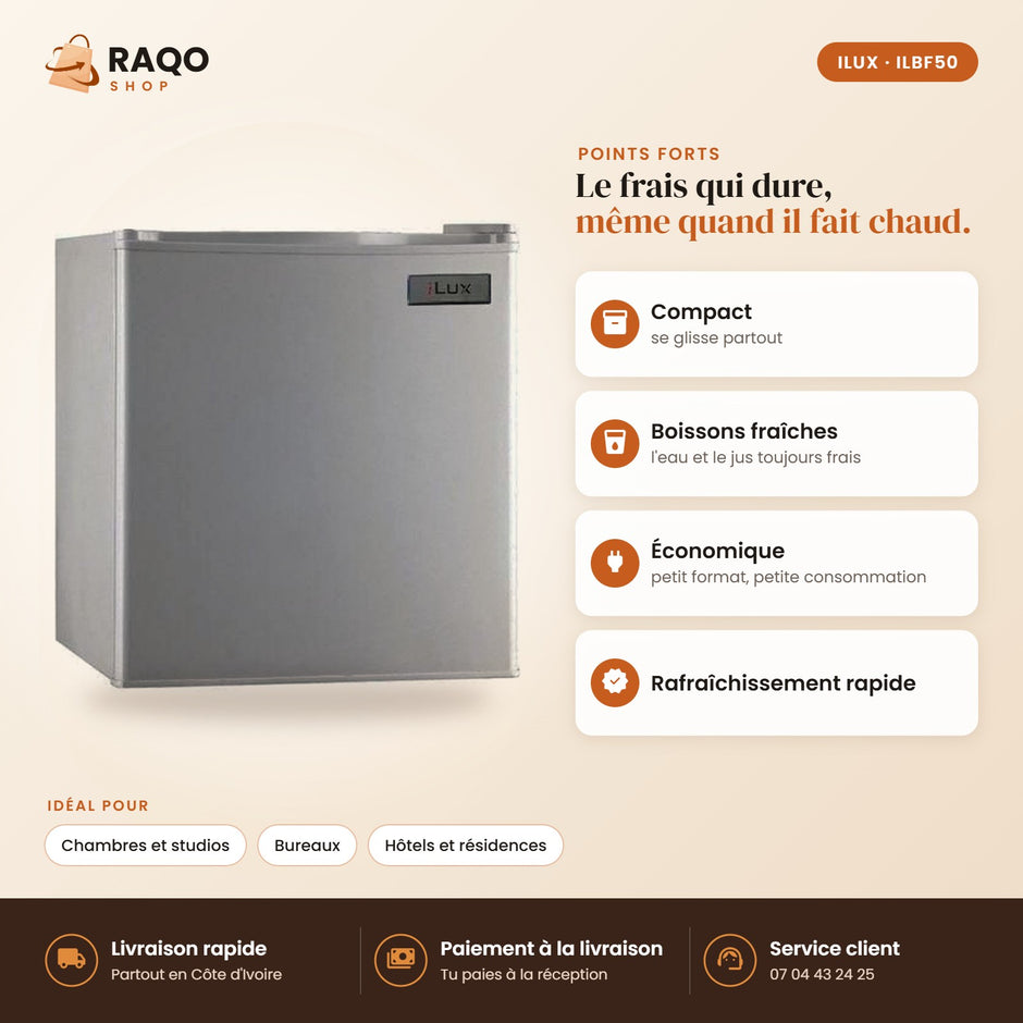 Mini Réfrigérateur Bar iLUX – 50 L - RAQO (points forts)